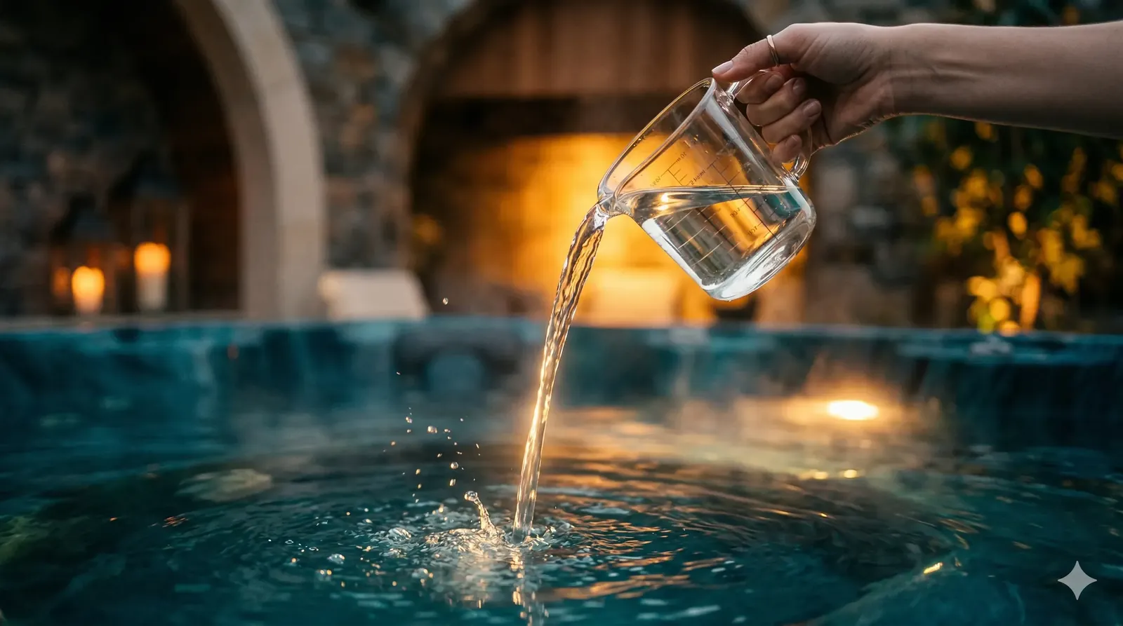 Dichlor granules dissolving in water to release chlorine for pool sanitation.