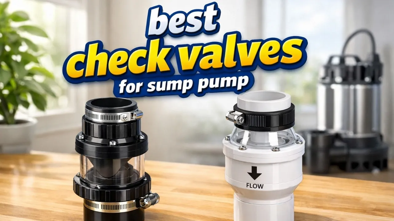 Different types of sump pump check valves installed on white PVC piping.