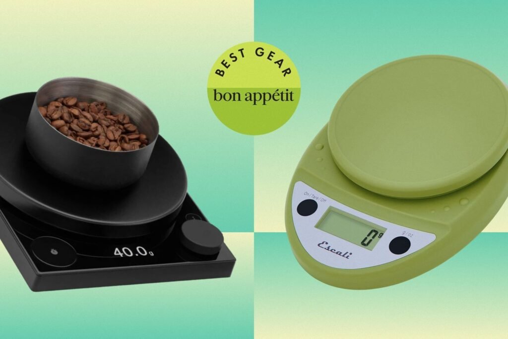 Digital food scale displaying weight on a kitchen counter with fresh ingredients nearby
