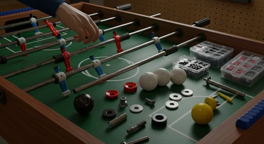 Disassembled foosball table parts arranged neatly on a clean workbench.