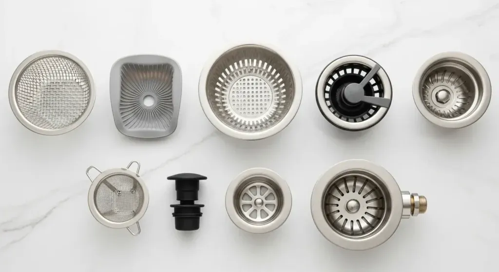 Disassembled stainless steel kitchen sink strainer parts resting on a white cloth.
