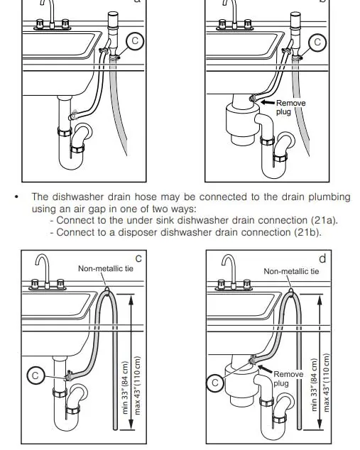 Dishwasher drain hose secured in a high loop under a kitchen cabinet.