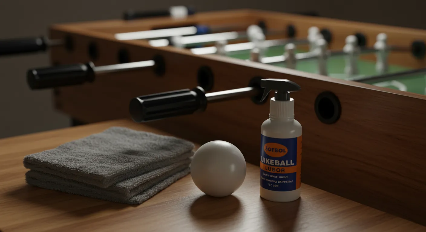 Dry microfiber cloth resting on the clean playing surface of a foosball table
