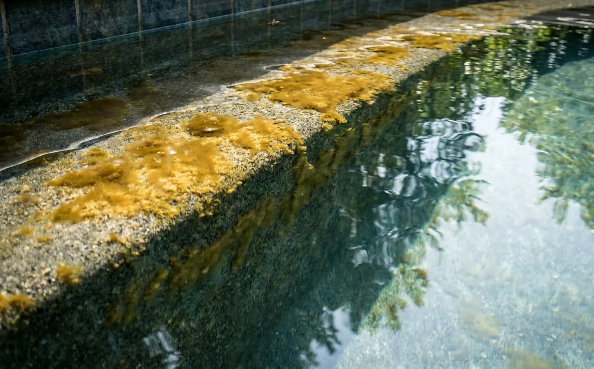 Dull yellow mustard algae film growing on a pool ladder.