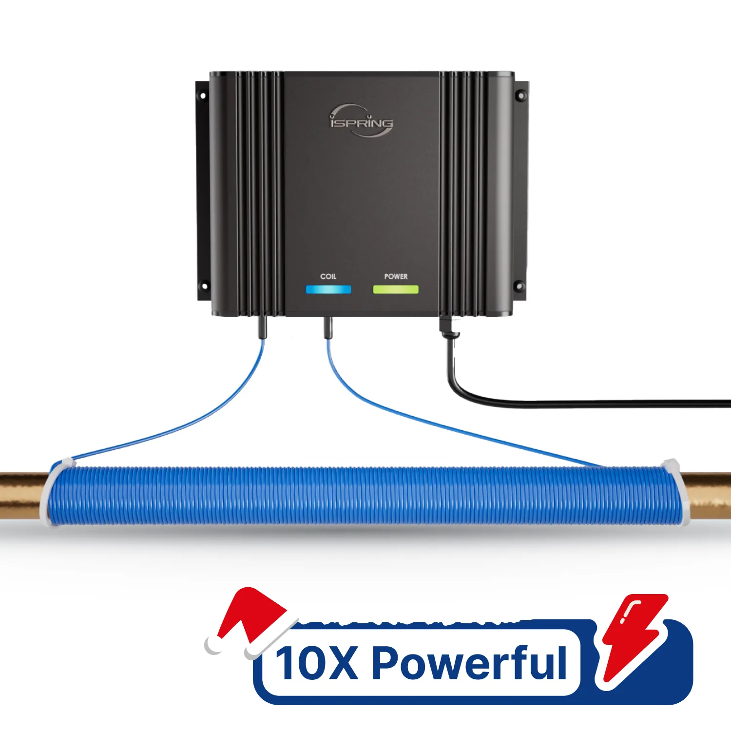 An electronic descaler device installed on a copper water pipe in a home.