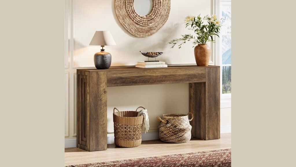 A elegant walnut console table displayed in a bright, minimalist home entryway.