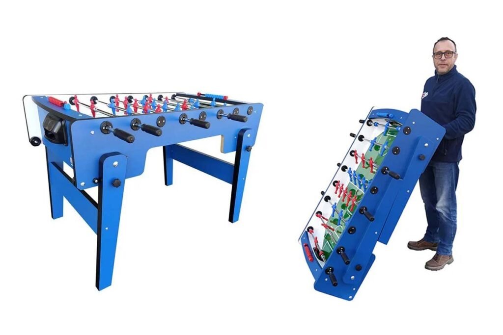 Folding foosball table setup in a bright modern living room