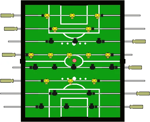 Foosball ball captured in mid air after a powerful strike on the green pitch