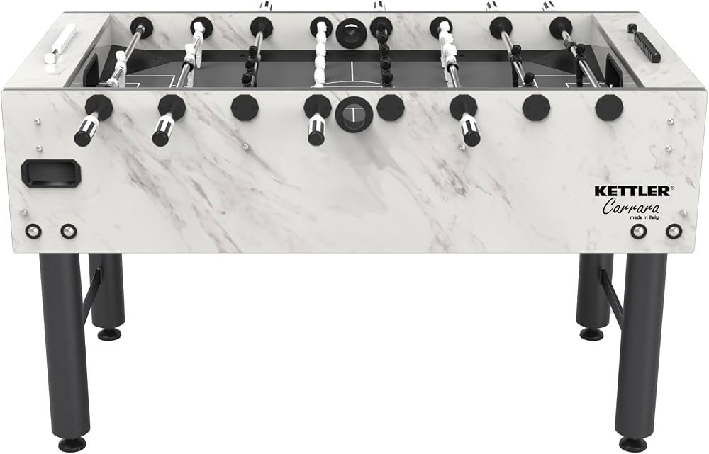 Foosball table with protective cover and accessories in a modern game room.