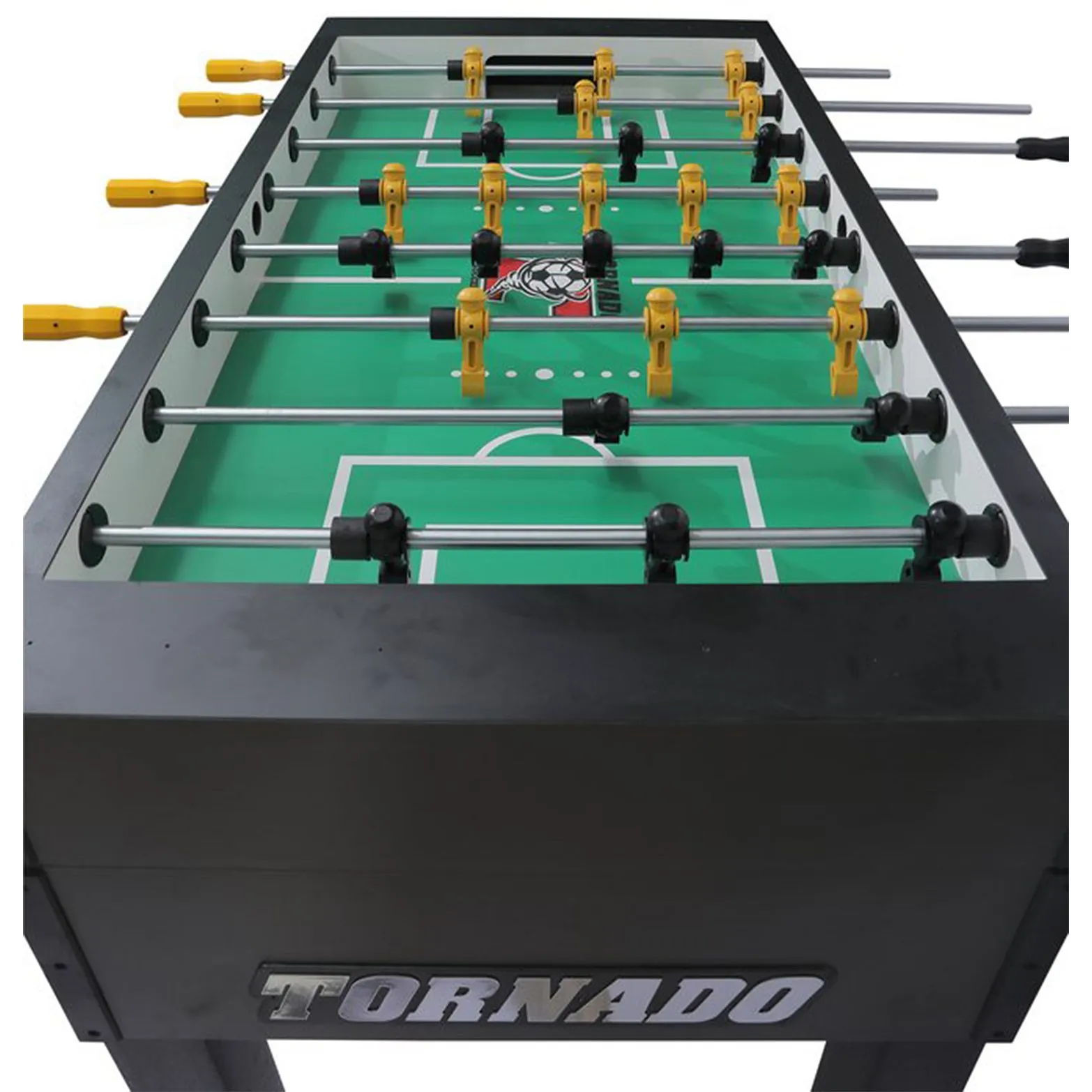 Foosball table rod maintenance with tools visible nearby