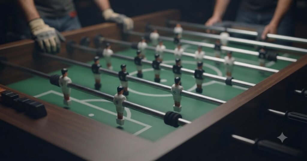 Full size foosball table standing in a bright living room