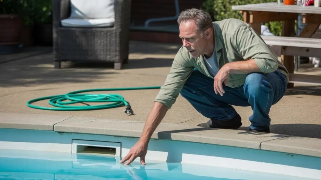 A garden hose rests beside a clear residential backyard swimming pool.
