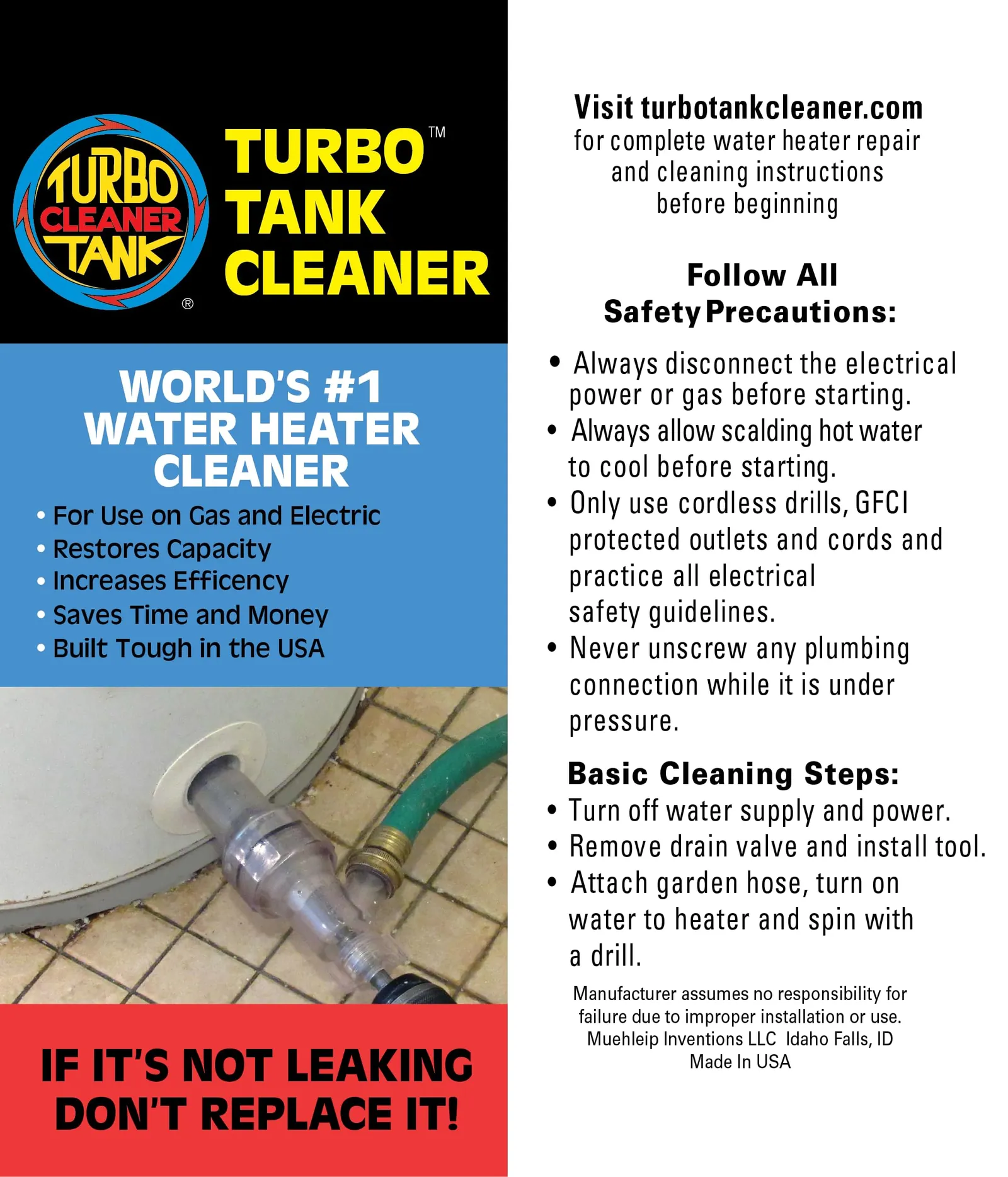 A garden hose and transfer pump ready for water heater maintenance tasks.