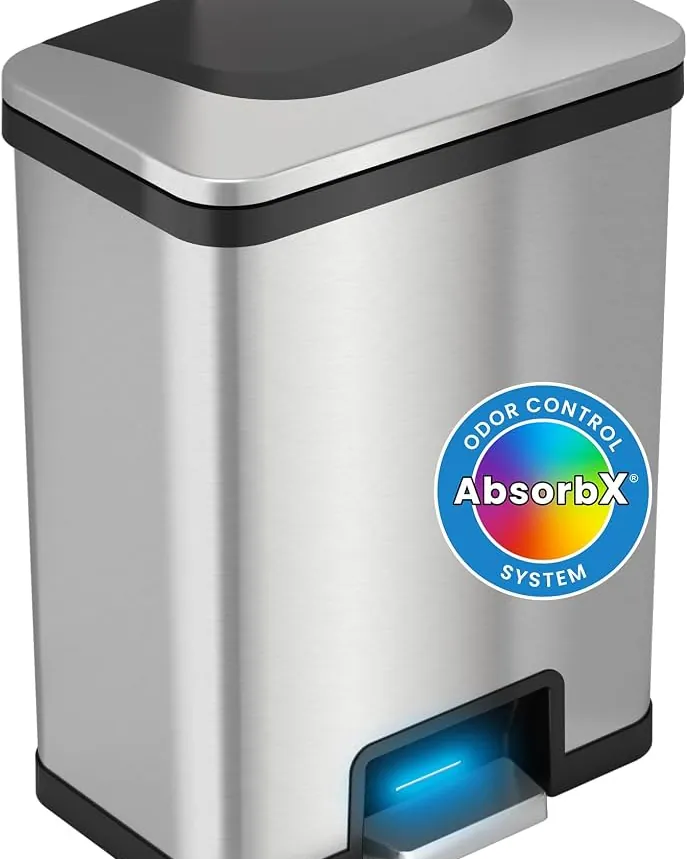 Hand activating an automatic motion sensor trash can lid in a kitchen.