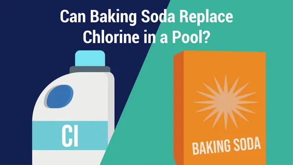 Hand holding test strip over cloudy water near baking soda.