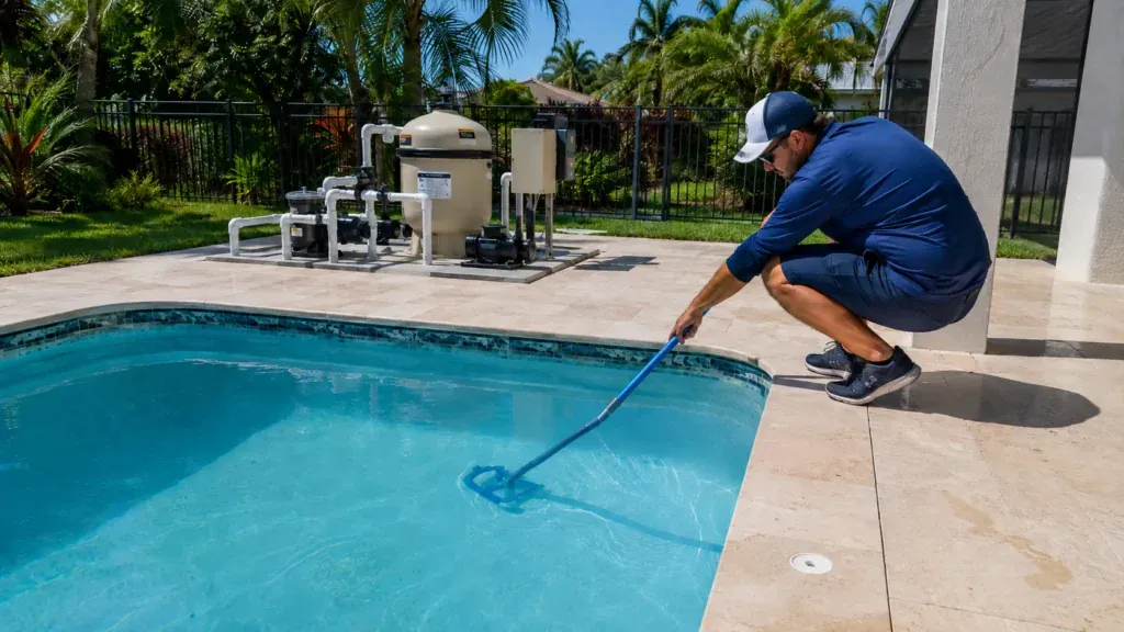 Hand scrubbing yellow mustard algae stains off a pool wall with a brush.