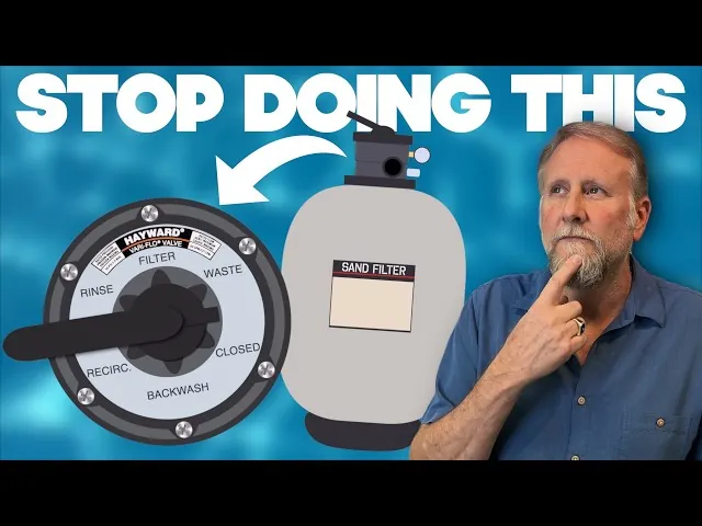 Hand turning off a pool pump switch before adjusting the multiport valve.