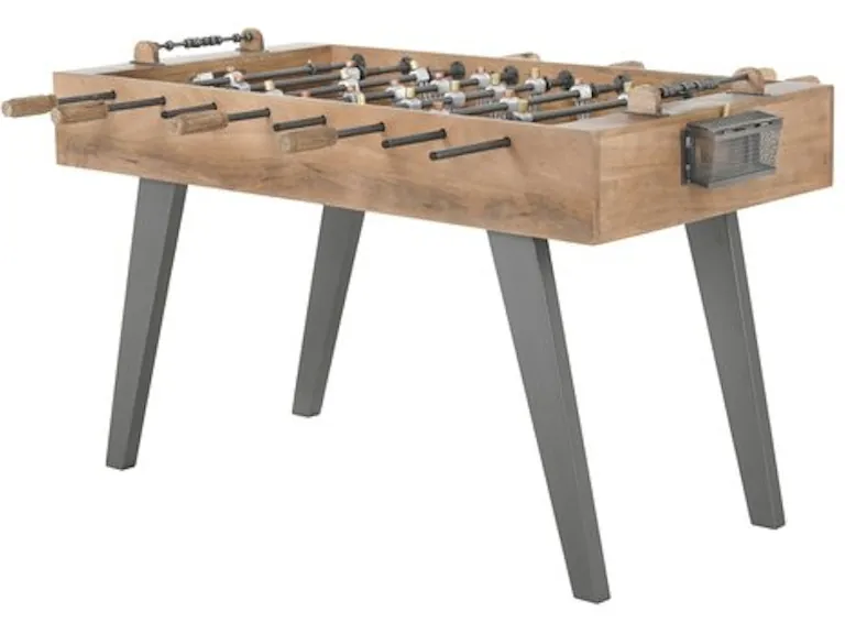Hand using compressed air to clean foosball table rails