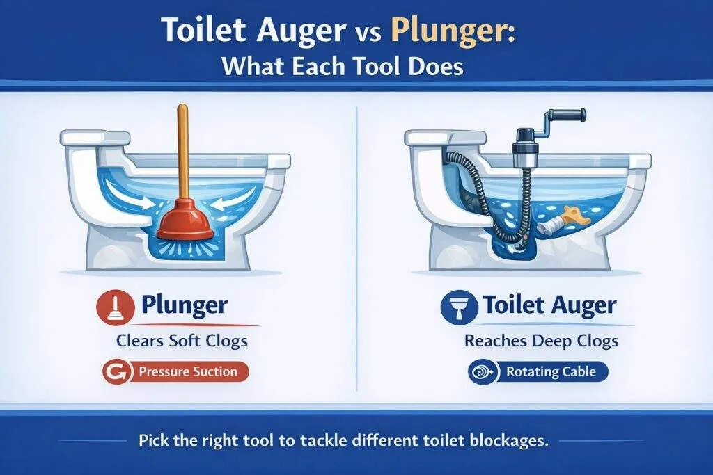 Hands carefully positioning a toilet auger inside a porcelain toilet drain.