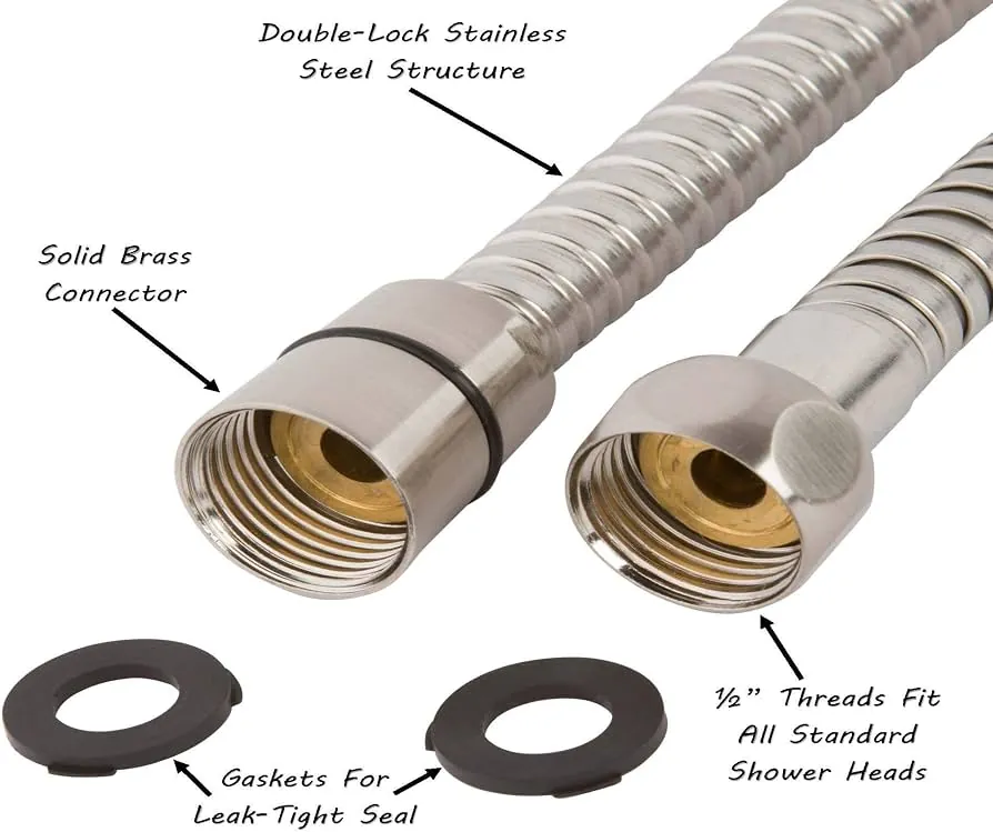 Hands comparing the flexibility and kinking resistance of two different shower hose types.