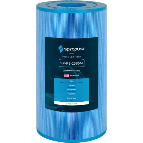 Hands removing a replacement pool filter cartridge from an open filter housing outdoors.