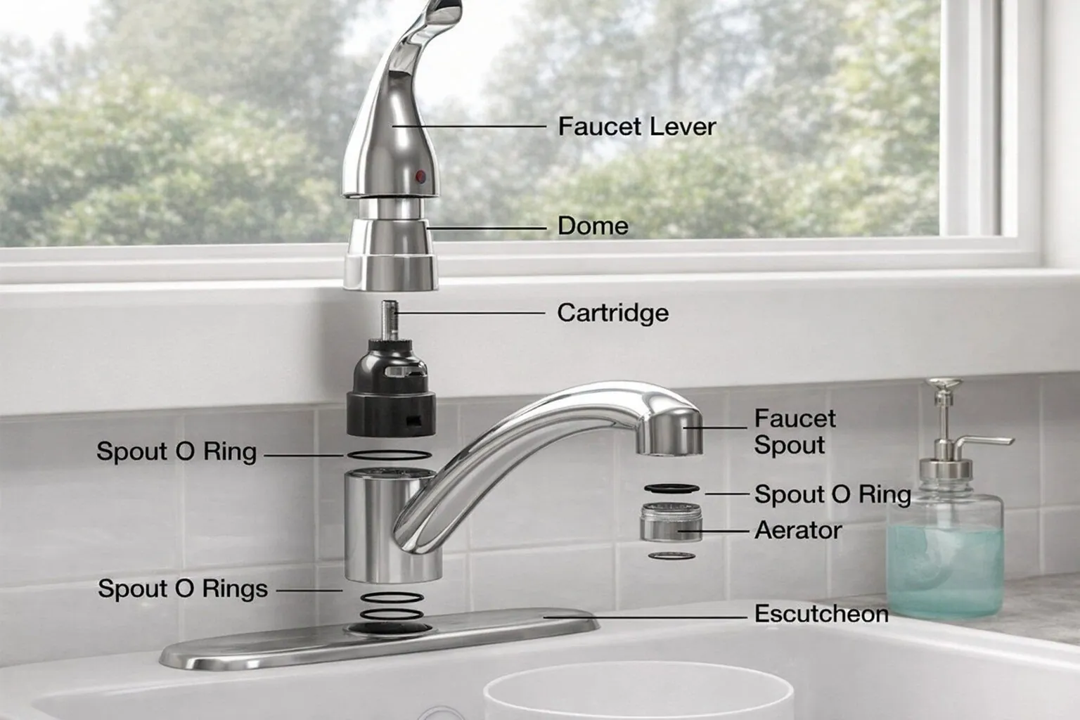 Hands turning off the water supply valves under a bathroom sink before faucet repair.