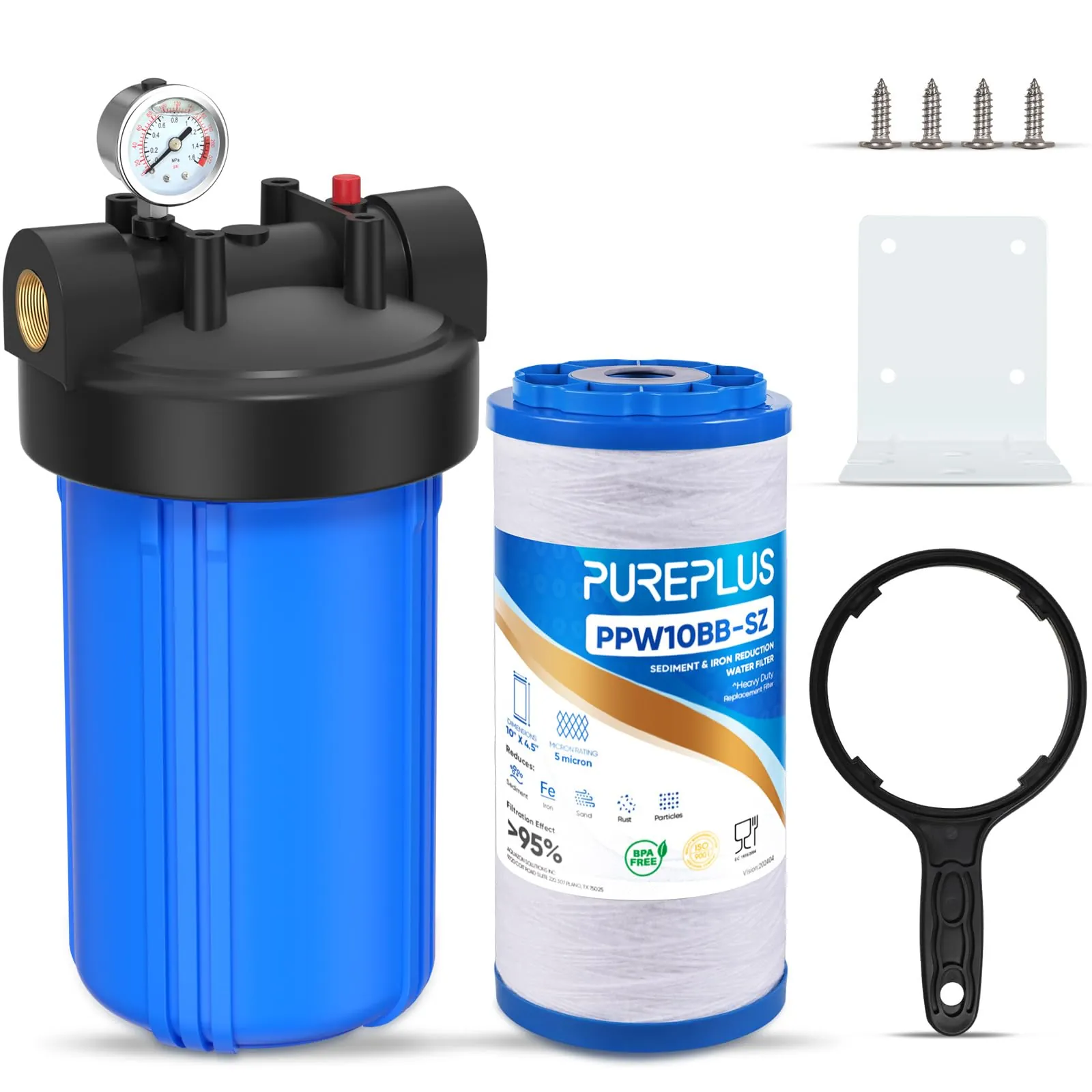 Hands using a filter wrench to troubleshoot a clogged whole house water filter.