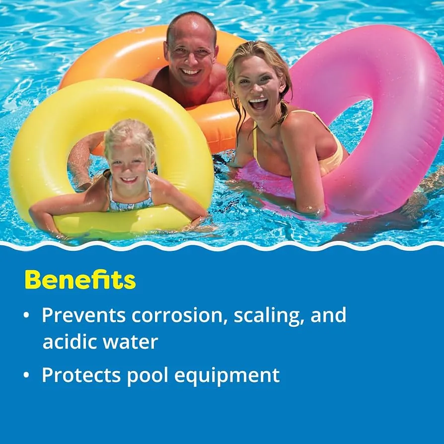 Heavy white calcium scale buildup lines the tile edge of a swimming pool.
