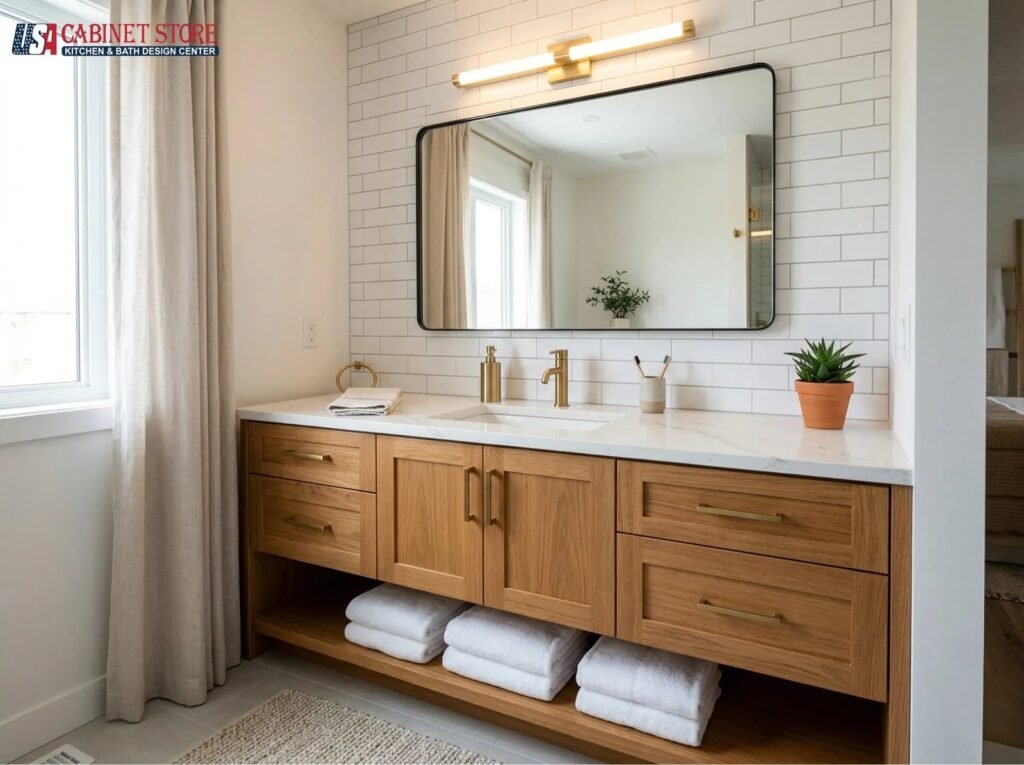 High-quality teak shelves mounted on a bathroom wall showcasing the best wood for shelving.