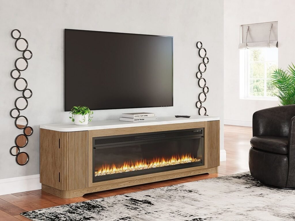 A high-quality walnut TV stand displayed in a bright modern living room setting.