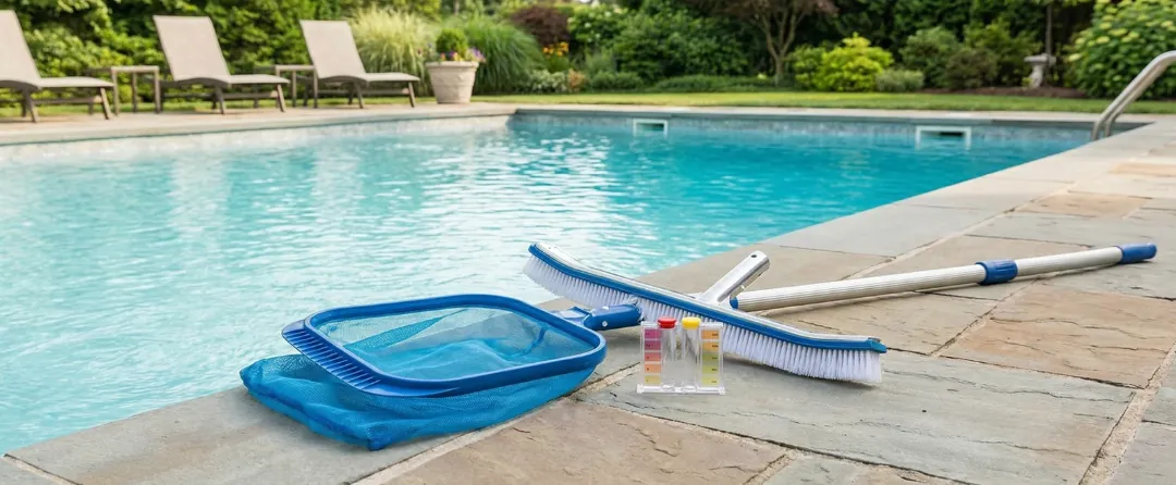 Homeowner checking pool maintenance schedule with fallen leaves nearby