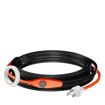 Inspecting a section of heat tape cable for damage or overlapping on a pipe.