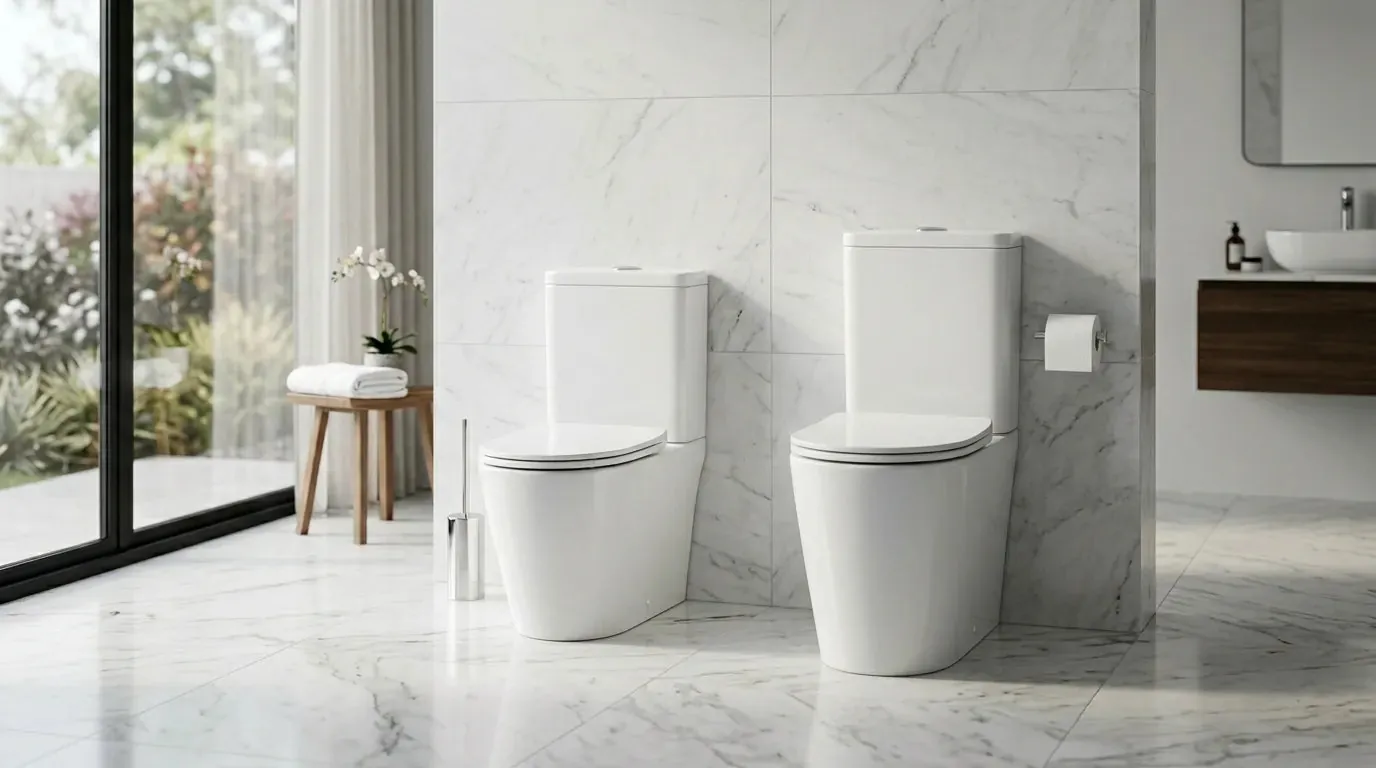 Installation process of a comfort height toilet bowl onto a bathroom floor flange.