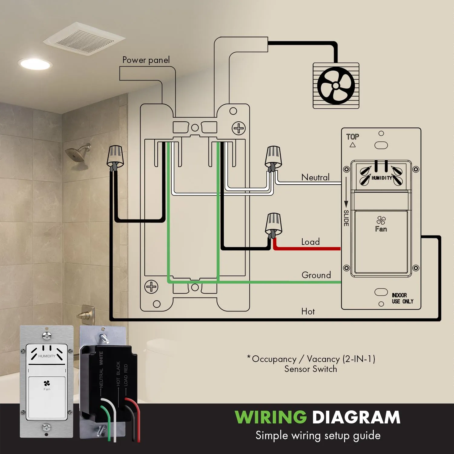 Internal electronic sensor module of a bathroom humidity switch exposed for inspection.