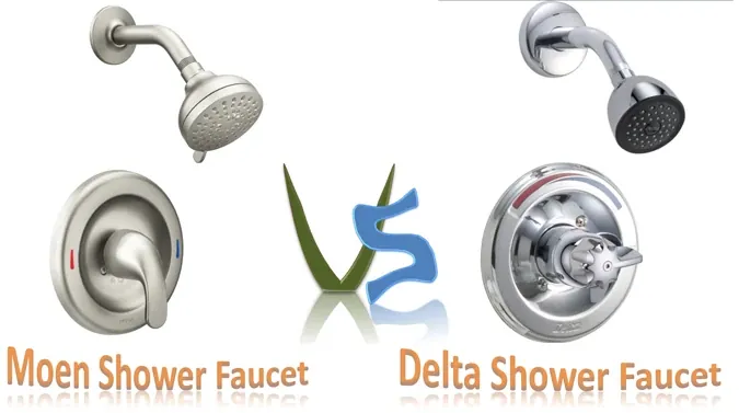Internal faucet repair parts from Moen and Delta displayed on a wooden workbench.