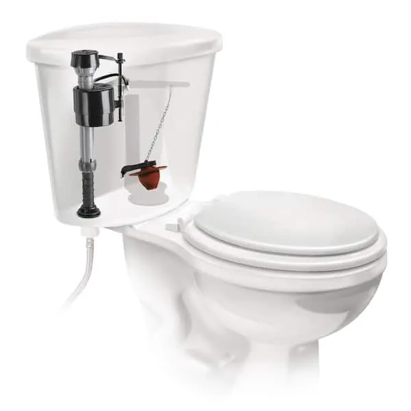 Internal toilet tank components including the flapper and fill valve mechanism.