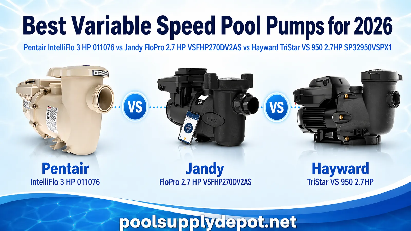Jandy and Hayward pool pumps sit side by side on a concrete pad.