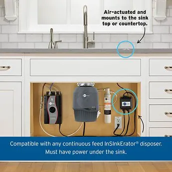 A low-profile Moen garbage disposal air switch mounted on a granite countertop.