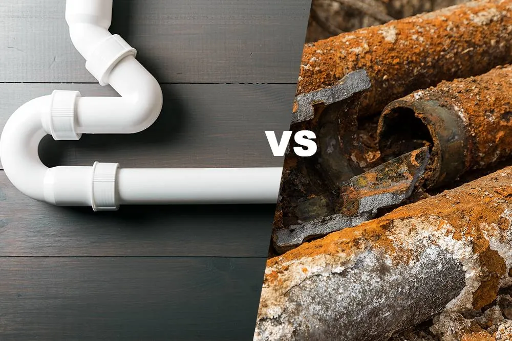 Manual pipe cutter secured on a heavy cast iron pipe during a plumbing installation.