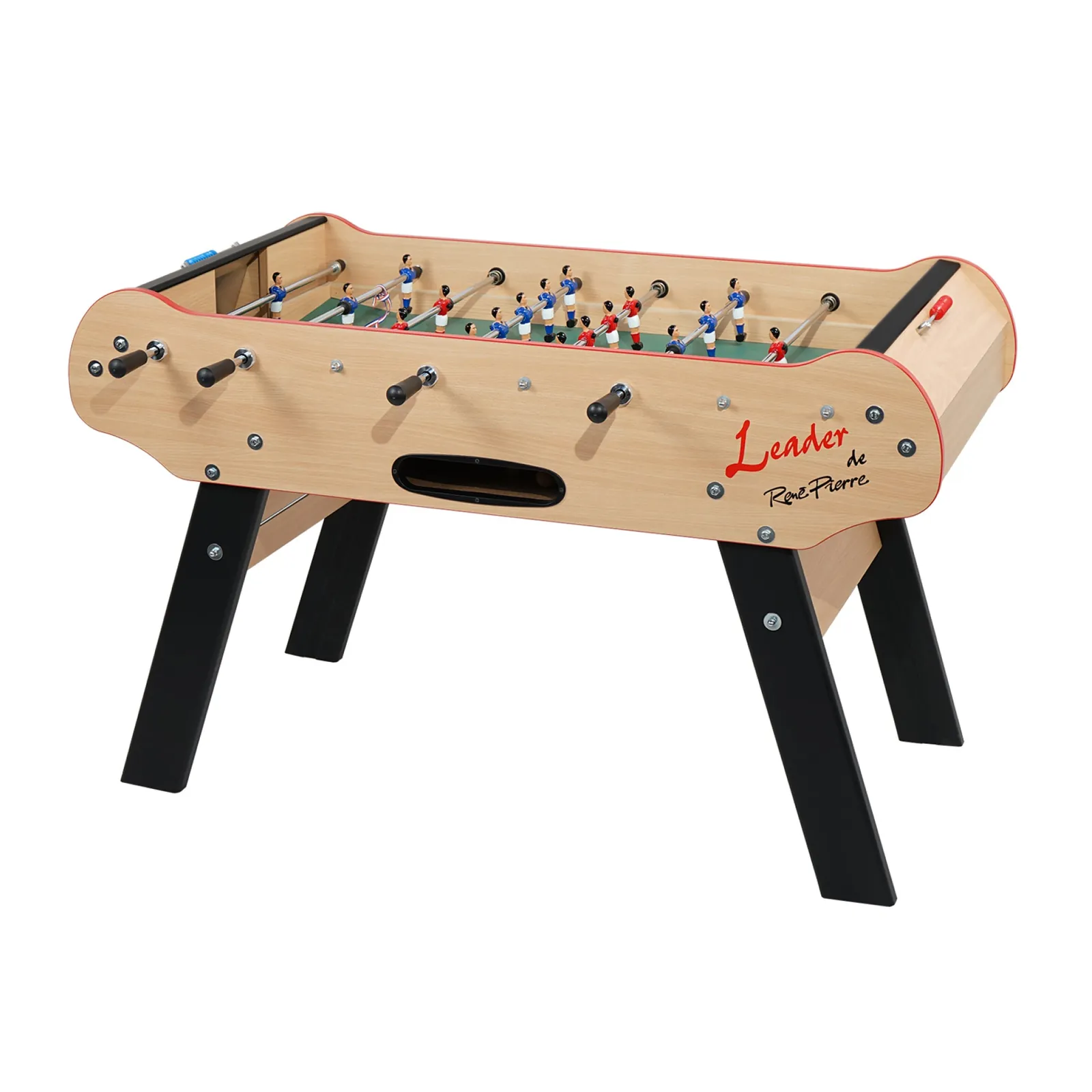 Measuring tape on floor next to foosball table to check room dimensions before buying