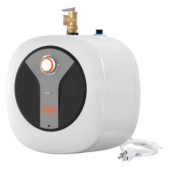 Measuring the under-sink space to determine the fit for a mini tank heater.