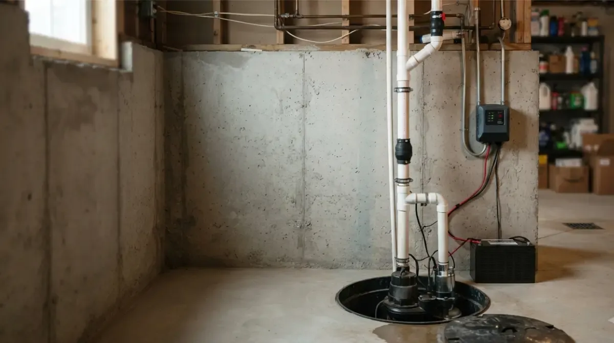 The mechanical components of a DC battery backup sump pump in a basement.