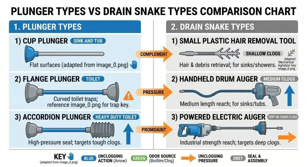 A metal drain snake inserted into a bathroom sink drain to clear a blockage.