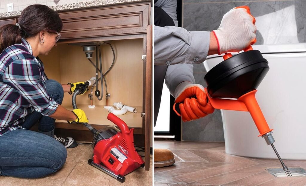 A metal drain snake and a liquid drain unblocker on a bathroom counter.