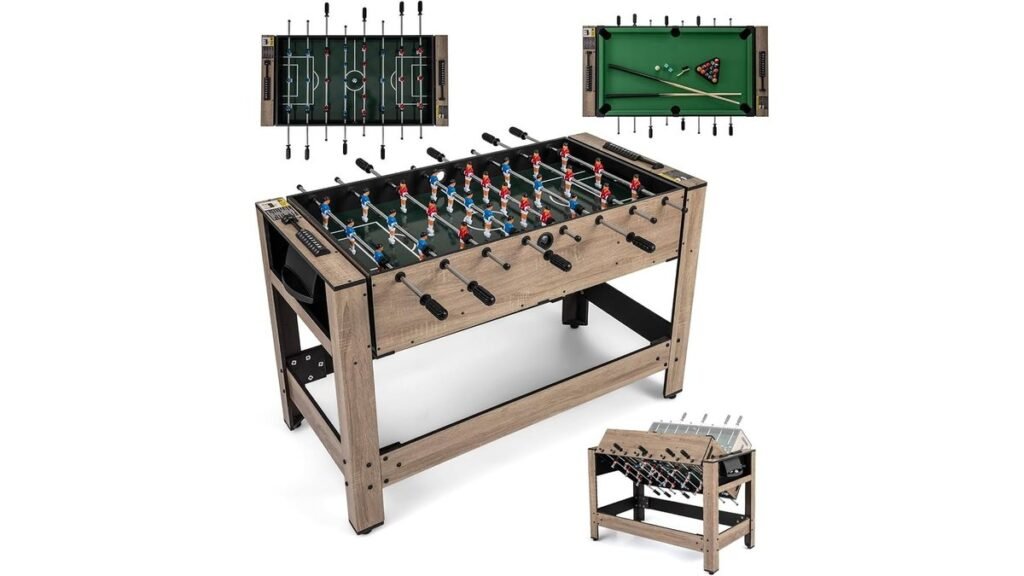 Modern 2-in-1 foosball and air hockey table in a bright room