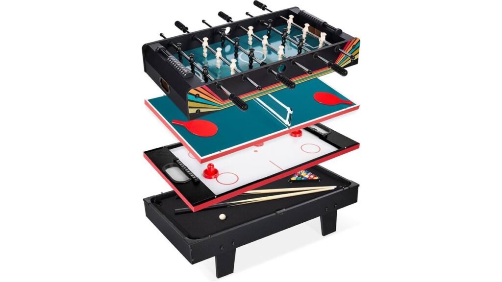 Modern 4-in-1 game table featuring foosball and other sports in a bright living room