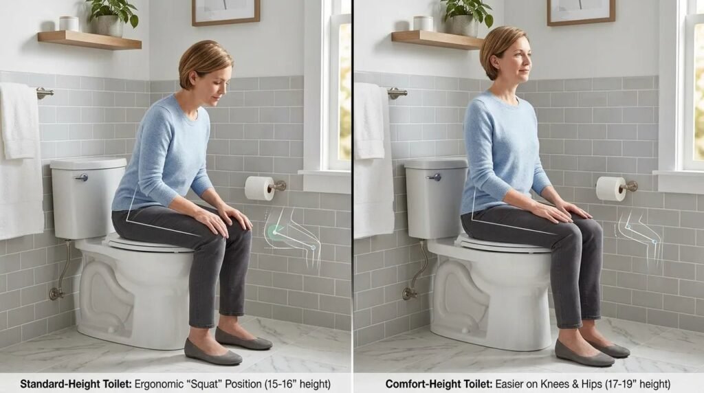 A modern accessible bathroom featuring a comfort height ADA toilet in a bright space.