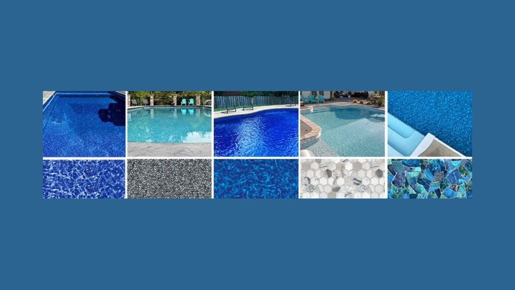 Modern backyard pool with vibrant aqua vinyl liner and clear water.