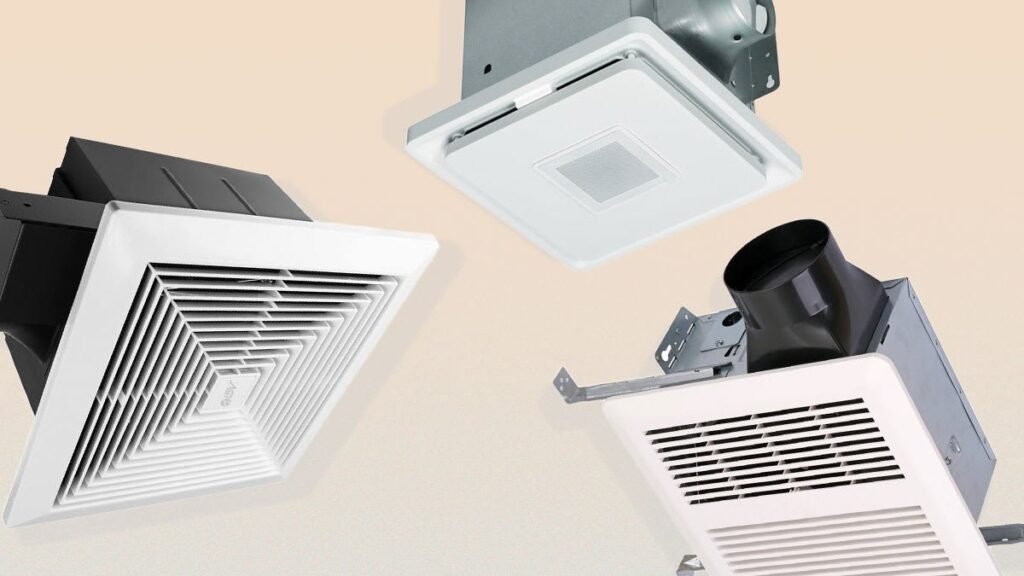 A modern bathroom features a high-quality exhaust fan installed in the ceiling.