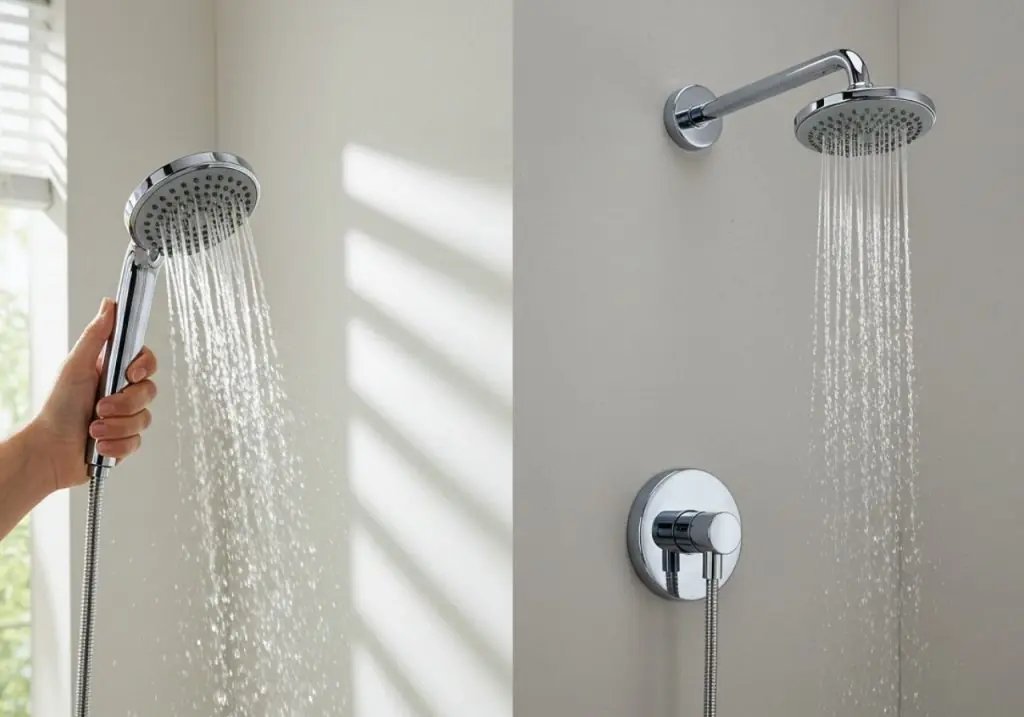 A modern bathroom showcasing the contrast between fixed and handheld shower head designs.